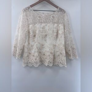 Alex Evenings Ivory Floral Lace Illusion Crew Neck Blouse Size XLP